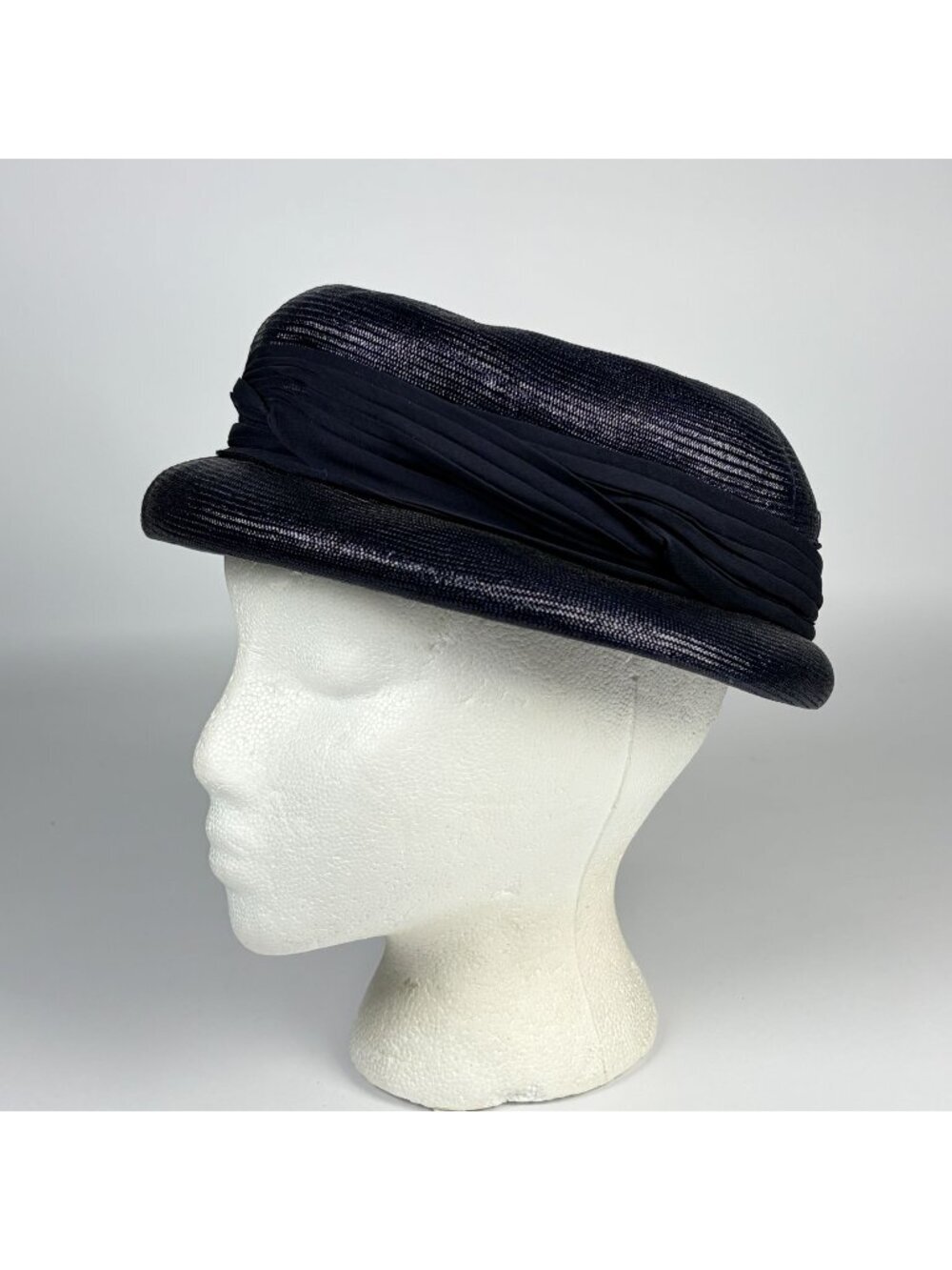 Vintage Lady Byrd Navy Blue Straw Hat With Draped Fabric Trim